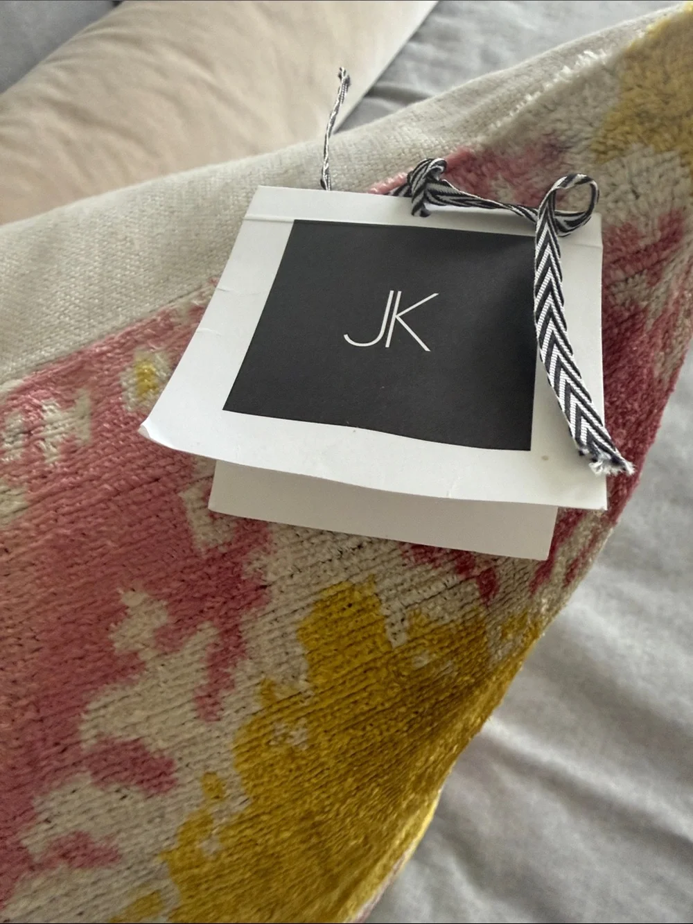 Designer Custom-made silk & velvet  pillow in yellow/pink/cream IKAT